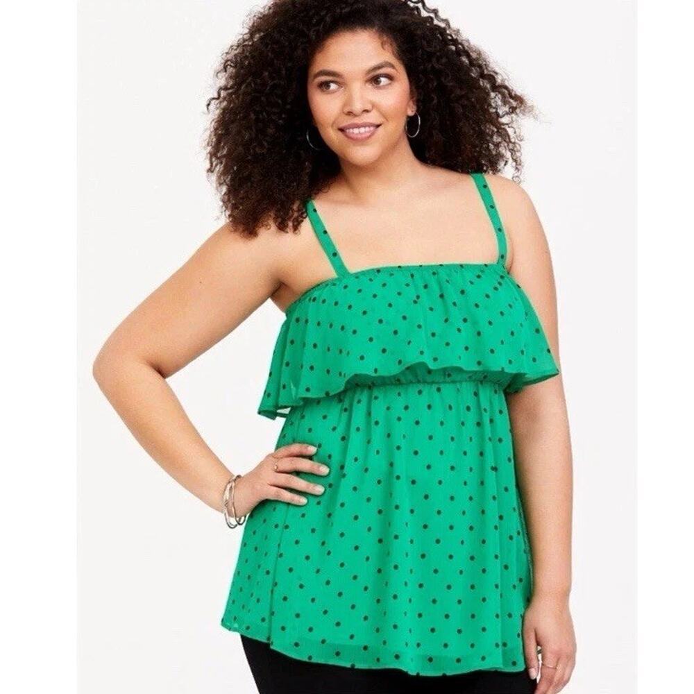Torrid Women’s Babydoll Chiffon Strappy Tank Top Green Black Polka Dot Size 4X